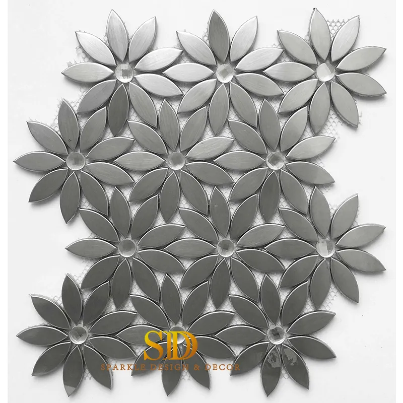 Hotsale mosaico de metal con estampado de flores, azulejos de mosaico de aluminio cepillado para decoración de paredes de baño