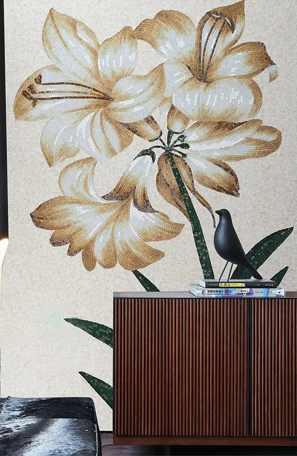 Mural de mosaico de azulejos de vidrio hecho a mano con imágenes artísticas bonitas de flores